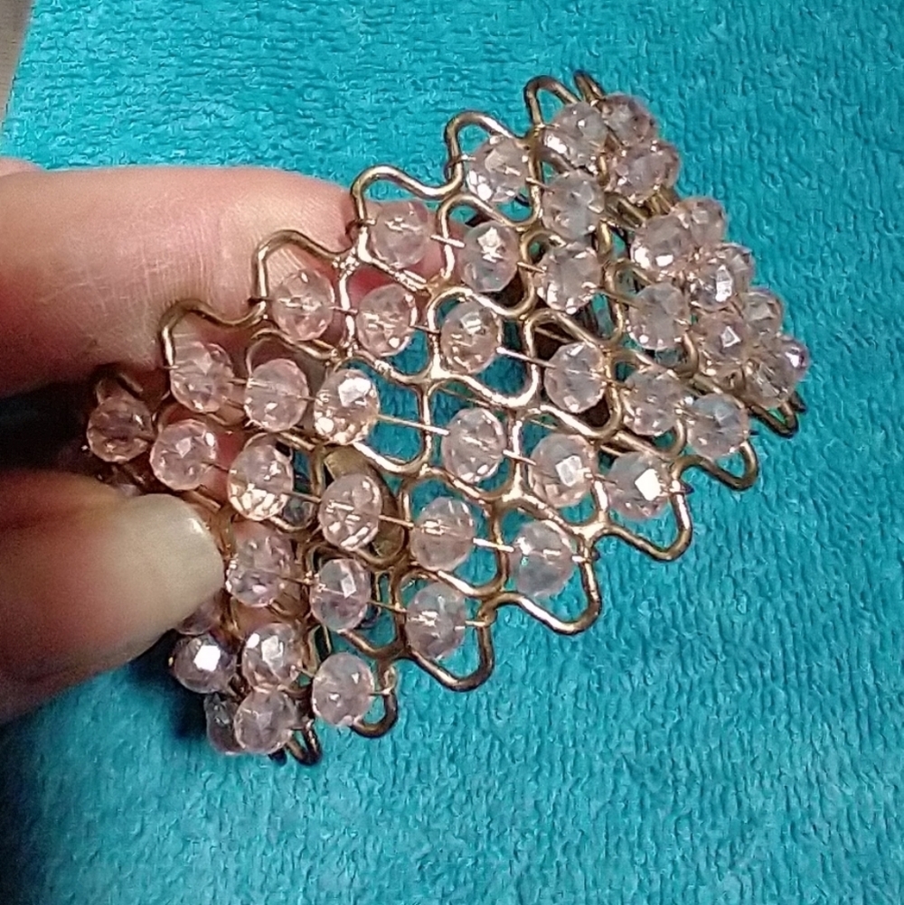 Elegant Pink Goldtone Faceted Beaded Crystal Mesh Weave Wire Wide Cuff Bracelet